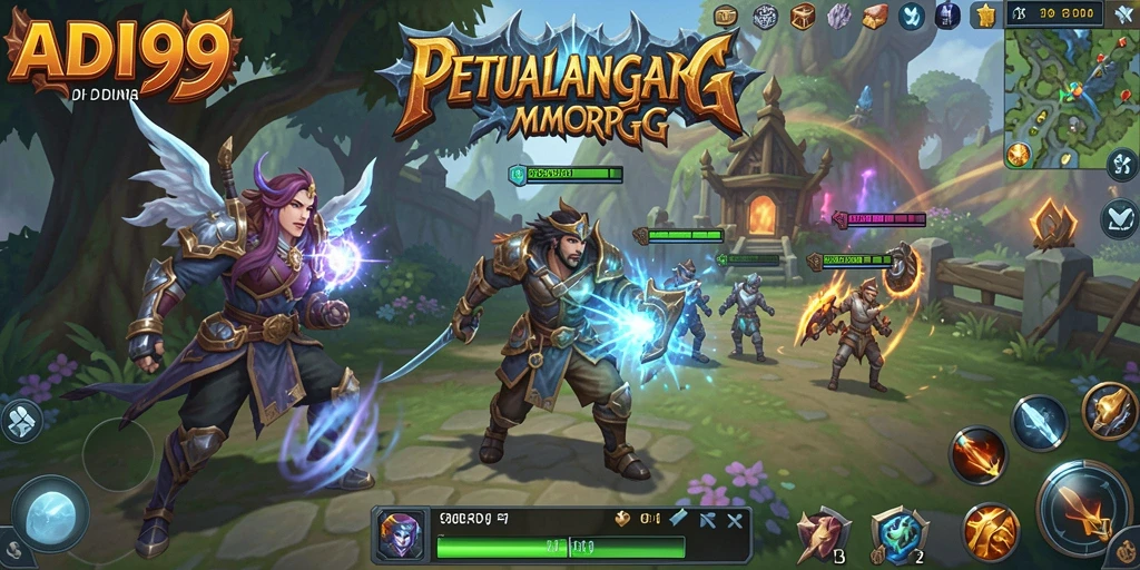 Tampilan gameplay ADI99 dengan pertempuran seru di dunia fantasi.