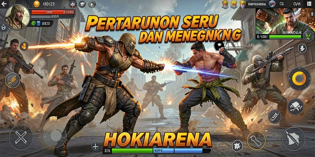 Gameplay seru HOKIARENA dengan aksi pertarungan mendebarkan.