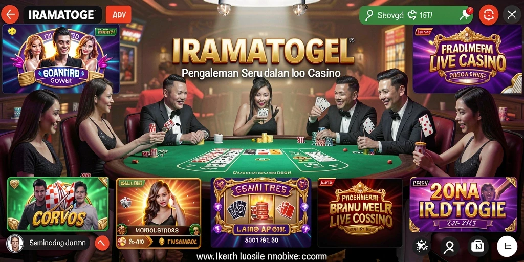 Screenshot utama IRAMATOGEL menampilkan dealer profesional dan permainan Live Casino yang menarik.