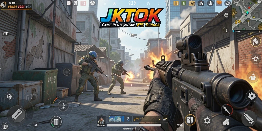 Tampilan screenshot utama JKTOK yang menunjukkan aksi pertempuran FPS yang intens.