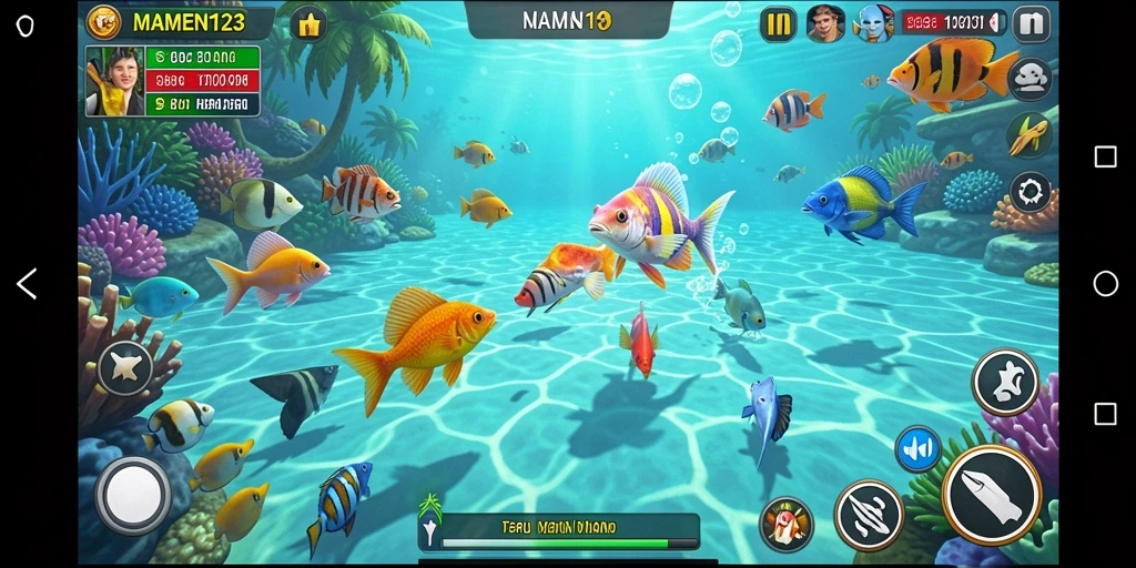 Tampilan gameplay seru dalam MAMEN123 dengan ikan berwarna-warni.