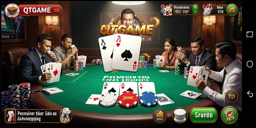 Tampilan gameplay seru QTGAME dengan suasana poker yang mendebarkan.