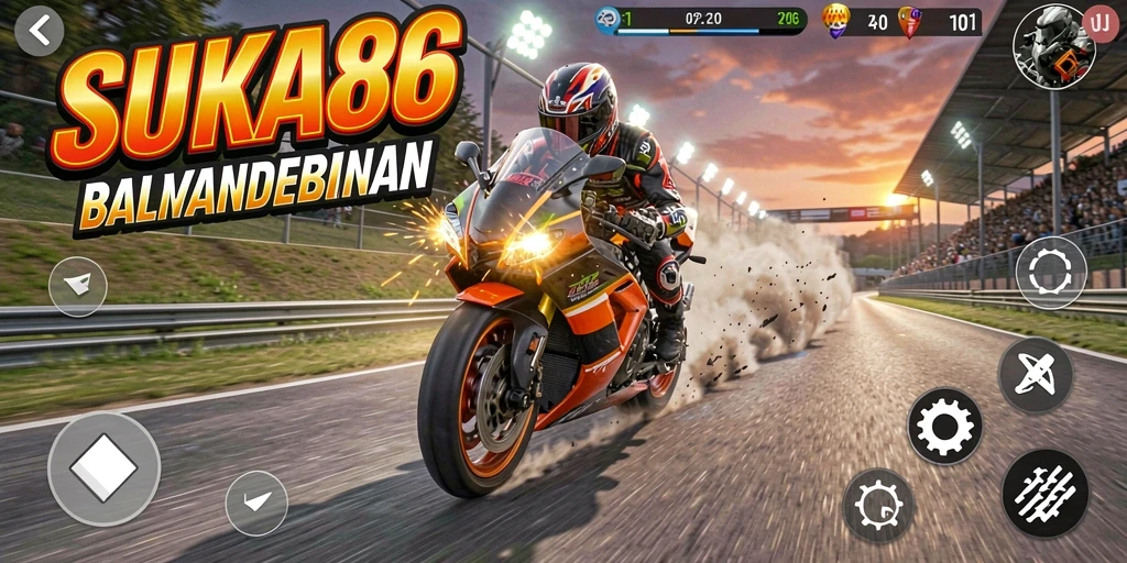 Gameplay SUKA86 menampilkan balapan motor yang seru dan cepat.