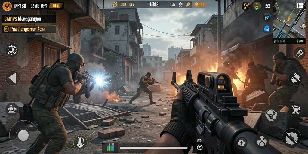 Screenshot gameplay TKP188 menunjukkan aksi menembak intens.